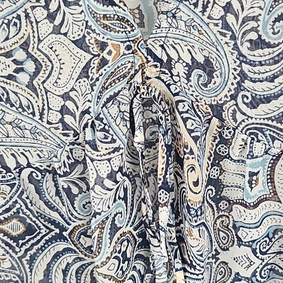 BCBGeneration Women's Sheer Blue Paisley Babydoll Top Long Ruffle Sleeve Blouse - Picture 8 of 13